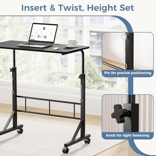 Simple Deluxe 31.5" Adjustable Height Mobile Desk with Locking Wheels & Pin-Lock – Height-Adjustable Standing Desk– Heavy-Duty Portable Workstation for Small Spaces & Home Office – Black
