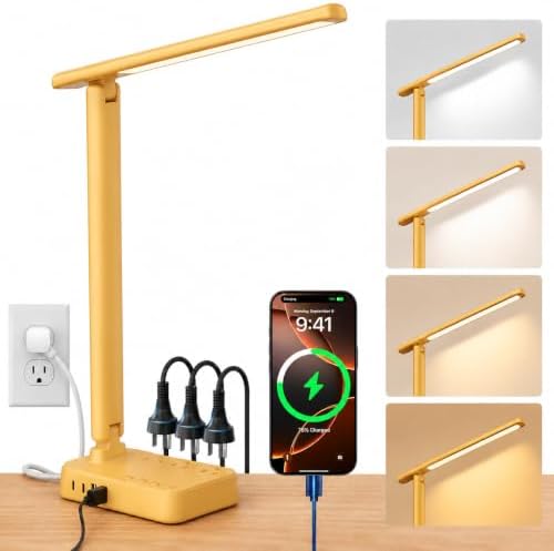 LED Desk Lamp with Power Strip, 3 AC Outlets, 4 USB Ports, Stepless Dimming
