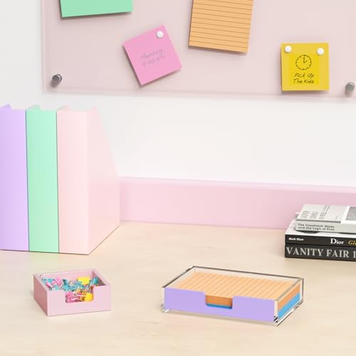 Acrylic Notepad Dispenser Organizer - 3 x 3 in Pink Sticky Note Holder W/O Pads Memo Holder for Dorm Room School Classroom Office Desk Organizer Aesthetic Supplies