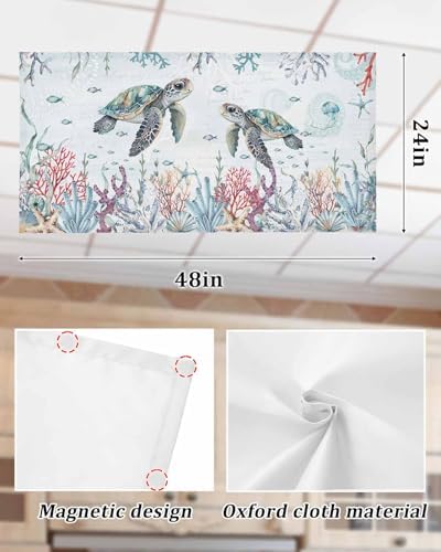 Watercolor Turtle Magnetic Fluorescent Light Covers for Ceiling Lights 2 x 4 Feet,Coastal Coral Seaweed Vintage Blue Office Classroom Kitchen Drop Ceiling Light Covers Filters Shade Panel 2 Packs