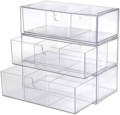 Acrylic Pencil Drawer with Removable Dividers Clear Pull Out Pen Drawer Organizer Stackable Bathroom Organizer for Makeup, Cosmetics, Office Supplies,3 Pack