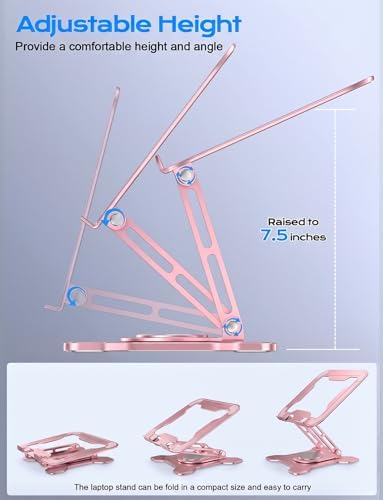 JCZT 360° Rotating Laptop Stand for Desk, Metal Foldable Laptop Riser, Pink