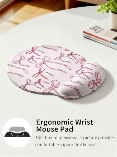 Seorsok Pink Ribbon Bow Mouse Pad with Gel Wrist Support Mouse Pad,Ergonomic Aesthetic,Comfort Mousepad for Office Work Computer,Pain Relief Mousepad with Non-Slip Silicone Base,Beautiful Bowknot