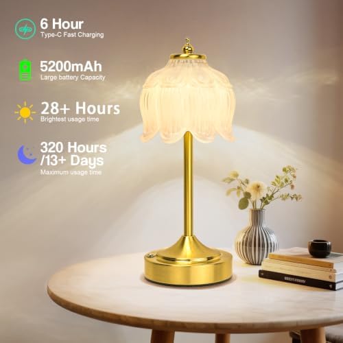 Cordless Table Lamp, Rechargeable White Glass Lotus Flower Lamp
