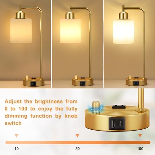 Innqoo Gold Lamp for Bedroom - Industrial Bedside Table Lamp with USB Port and Outlet, Fully Dimmable Nightstand Lamp with Opal Glass Shade, Small Desk Lamps for Home Office