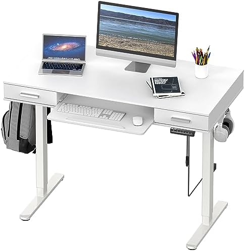 SHW 48-Inch Electric Height Adjustable Desk w/Keyboard Tray, White