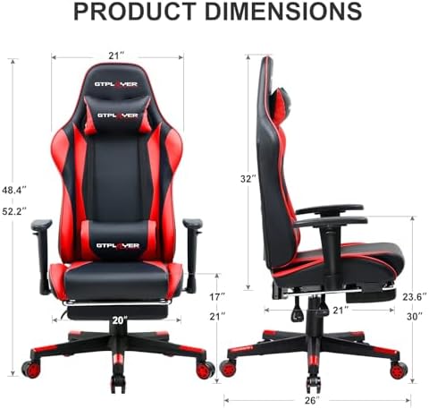 GTPLAYER Gaming Chair with Footrest, Ergonomic Computer Game Desk Chair, Reclining Gamer Chair Seat Height Adjustment, Swivel Rocker with Headrest and Lumbar (Brickred)