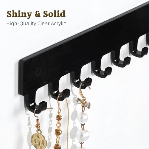 Acrylic Necklace Holder 4 Pack Wall Mounted Necklace Organizer Hanging Jewelry Organizer with 12 Hooks for Necklaces, Bracelets, Rings and Bangles Display Black