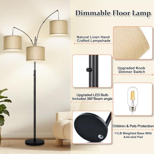 Nintiue Dimmable Floor Lamp, 3 Lights Black Arc Floor Lamp, Modern Tall Standing Tree Lamp with Champagne Linen Shades & Heavy Base, 3000LM LED Bulbs, Bright Lighting for Living Room, Bedroom, Office