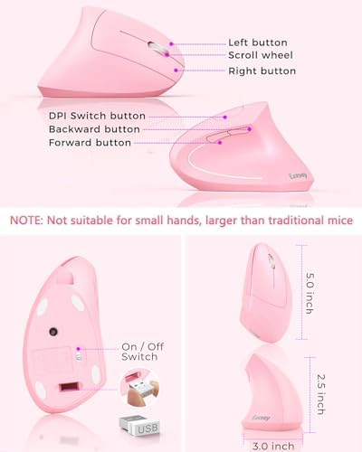 Lekvey Ergonomic Mouse, Rechargeable Vertical Wireless Mouse, Pink