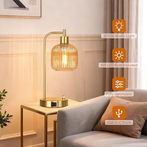 Champagne Glass Table Lamps Set of 2, Dimmable Bedside Lamps for Bedroom