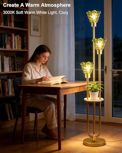 3-Light Modern Glass Floor Lamp with Shelf, Gold Tall Standing Lamp with Green Flower Glass Shade, LED Floor Lamp with Foot Switch& 5Lbs Heavy Base for Living Room Bedroom, Bulb Included