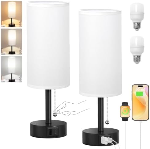 Fenmzee White Bedside Table Lamps Set of 2 - Bedroom Lamp for Desk, USB C+A