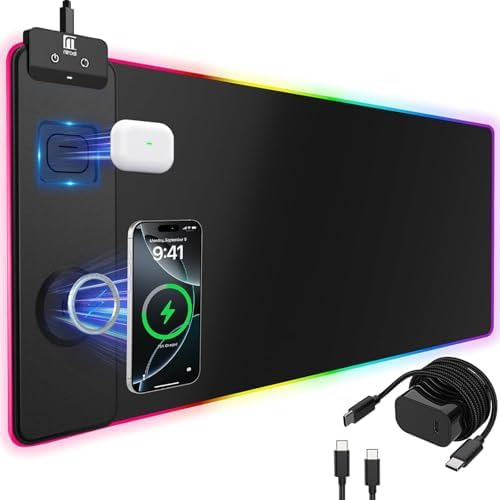 Mouse Pad with Magnetic Wireless Charging, Large Desk Pad Protector, RGB Black Desk Mat with 15W Fast Charger, Non-Slip Waterproof Mousepad for Office Home Gaming