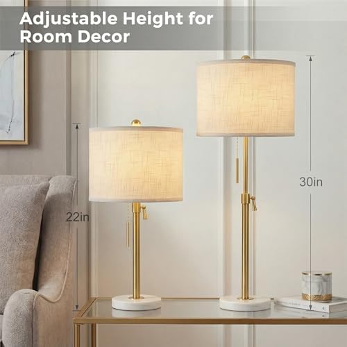 Qingmiao Gold Table Lamps Set of 2, 22" to 30" Adjustable Nightstand Lamps for Bedroom, Dimmable End Table Lamps for Living Room Console Entry Farmhouse Home Decor, New House Warming Gifts
