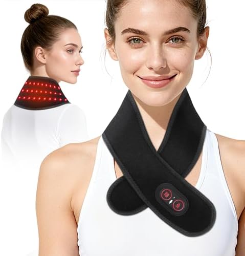 Neck Heating Pad with Massage, Heating Neck Wrap with 660nm 850nm Red Light, with 3000mAh Rechargeable, 3 Levels Heat & 3 Massage, Electric Nape Heating Pad for Soreness Stiffness