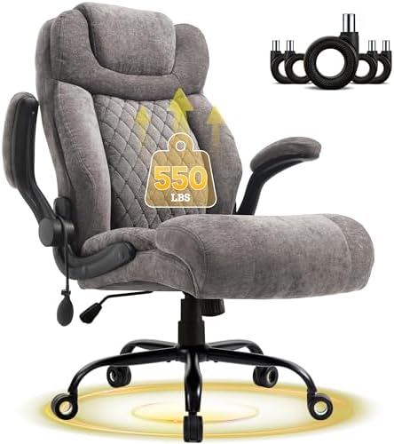 550LBS Big and Tall Office Chair, Comfy Heavy Duty Executive Chair with Adjustable Lumbar Support Double Spaces Casters, Fabric Extra Wide Seat Ergonomic Computer Desk Chair for Back Pain,Greycloth