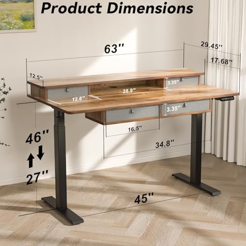 FiCiHi 63x30Inch Standing Desk with Drawers,Electric Height Adjustable Desk