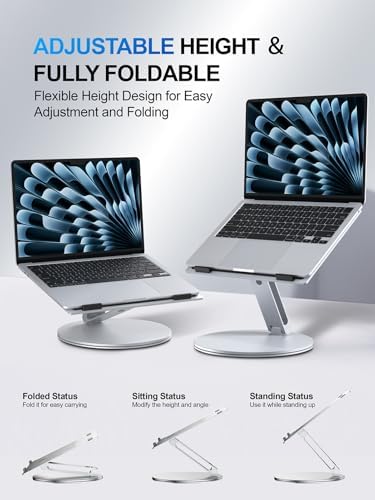 YICOSUN Laptop Stand for Desk, 360° Rotating Height Adjustable Computer Stand, Ergonomic Aluminum Laptop Riser with Ventilated Cooling, Foldable for 10-16 inch MacBook Pro Air Neo Dell HP - Silver