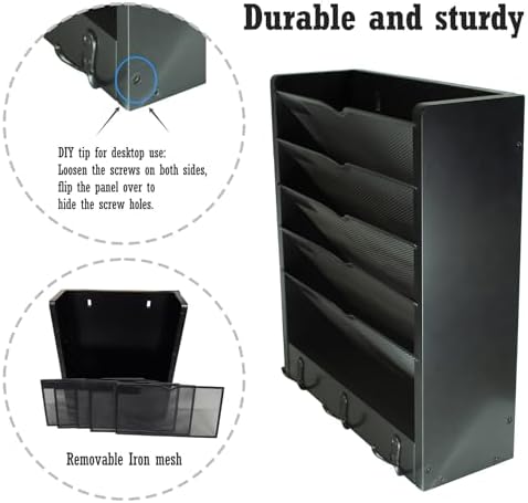 Multi-Purpose No-Assembly Hanging Wall File & Mail Organizer - 3 Pairs of Hooks, Fits Desk with Side Panel/Door-Mountable (Black)