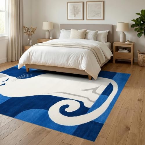 6'x9' Blue White Cat Sapphire Design Ultra-Soft Area Rug