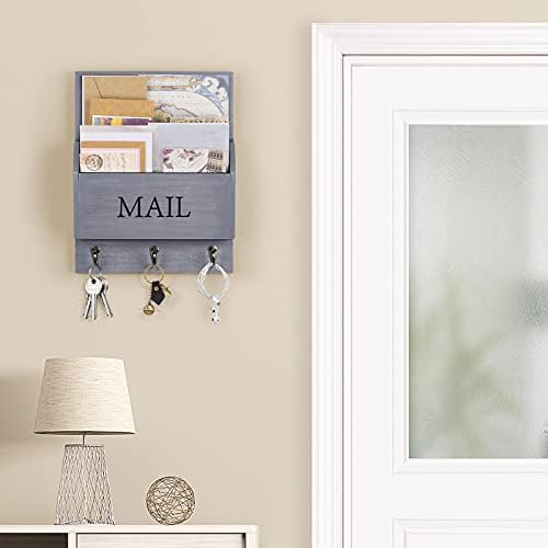 DLQuarts Solid Wood Mail Organizer with Key Holder for Wall, Mail Sorter Wall Mounted, Decorative Wooden Key and Mail Holder with 3 Hooks, Weathered Gray