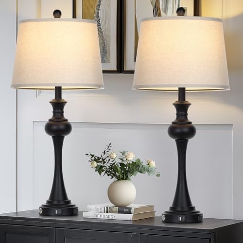 28.75 " 3-Way Touch Control Modern Table Lamp Set of 2 for Living Room , Bedside Lamp with USB A+C Ports, Mid Century Black Table Lamps, Nightstand Lamps Set ,Beige Fabric Shade Vintage Accent Style