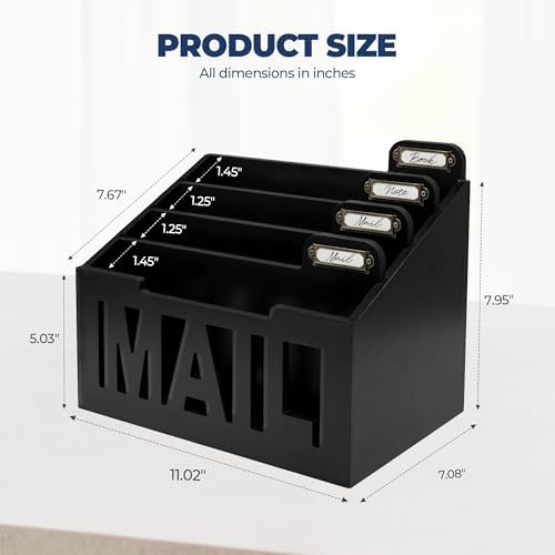 Mail Organizer Countertop, Desktop Mail Sorter with 4 Slots & Labels, Black