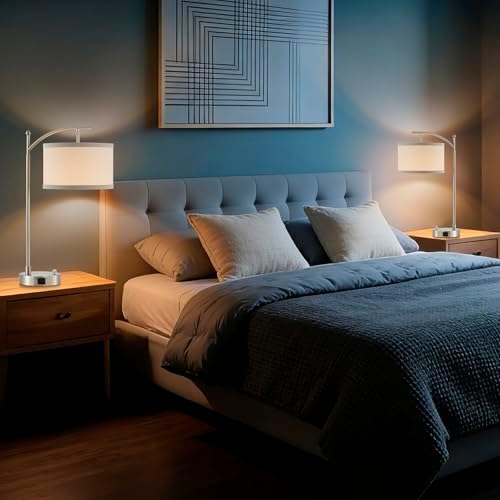 Table Lamp Set of 2, 23.5" Bedside Lamps with USB C+A Ports, Silver