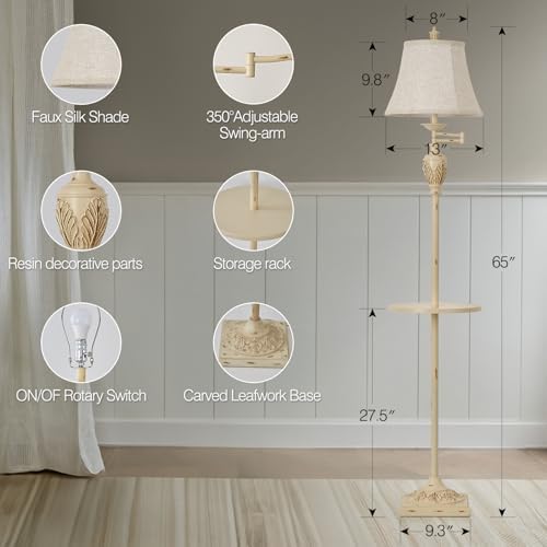 Traditional Floor Lamp with Tray, Remote Dimmable, 350° Swing Arm and White