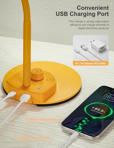 BOHON LED Desk Lamp with USB Charging Port 3 Color Modes Fully Dim, Yellow