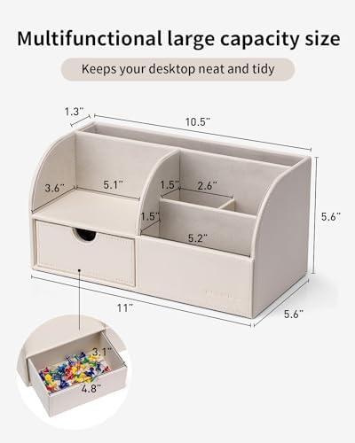 VLANDO Office Desk Organizer Leather Desktop Organizer Caddy with Drawer for Storing Desktop Supplies and Accessories (White)