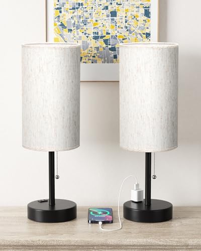 17.4" Cream Bedside Table Lamps Set of 2 - Bedroom Lamp, USB C+A, AC Outlet