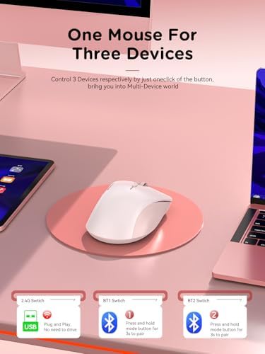 RAPIQUE Bluetooth Wireless Mouse, Dual Bluetooth & 2.4G USB Receiver, Pink