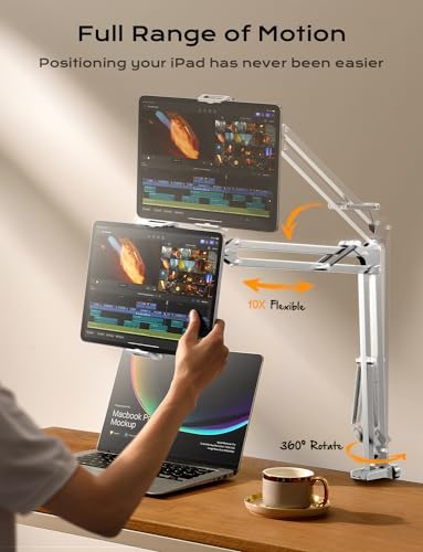 LISEN Tablet Stand iPad Stand for Desk Mount [Ultra Sturdy 2 Clamps] Kindle iPad Holder for Bed Gooseneck Phone Tablet Holder Mount fits iPhone Kindle 4-13" Device (White)