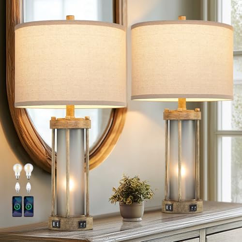 RORIA Farmhouse Table Lamps Set of 2 for Living Room with 2 USB Ports