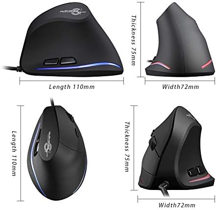 zelotes Vertical Ergonomic Mouse,3200DPI,6 Buttons,LED Illumination,Prevention Against Mouse Arm,USB Optical Wired Mice for Laptop,PC,Mac,Black