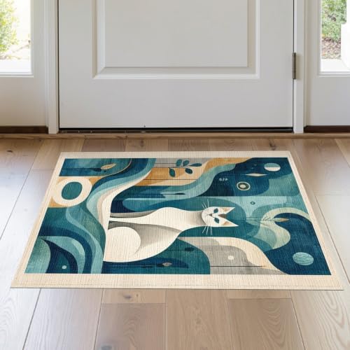 2'x3' Teal Blue Cat Boho Abstract Design Washable Doormat