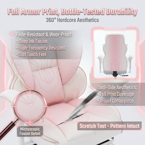 Big and Tall Gaming Office Chair 400lbs - Heavy Duty Ergonomic Computer Desk Chair with Footrest, Adjustable Armrests, High Back PU Leather with Racing Style (White/Pink)