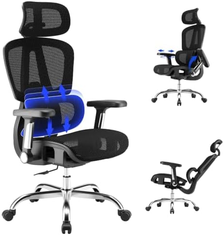 Mesh Office Chair, Ergonomic Office Chair, Home Office Desk Chairs with Headrest, 90-135° Tilt Lock and Breathable Backrest & Lumbar Support, 5D Armrest, Computer Chairs (Large Chair)