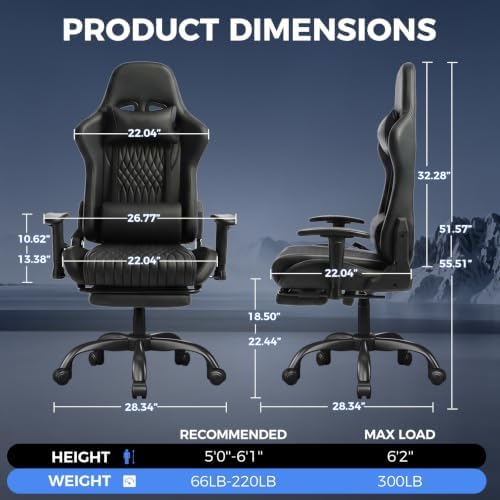 LUCKRACER Gaming Chair with Footrest, 90°-155° Reclining Ergonomic Computer Chair with 3D Armrests, Headrest and Lumbar Pillow, 360° Swivel, SGS-Tested Gas Lift, 330 lbs Capacity, Black