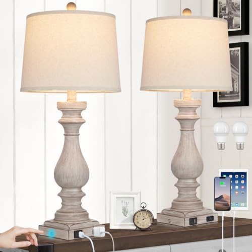 Cinkeda 29" Tall Table Lamp for Living Room Set of 2,Vintage Bedside Nightstand Lamps with USB C+A Ports & AC Outlet,3-Way Dimmable Touch Control Desk Lamp for Bedroom,Color 2