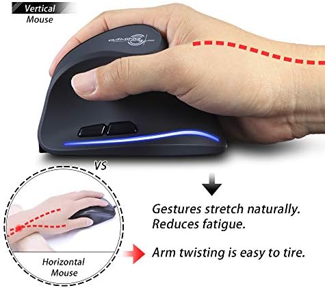 zelotes Wireless Ergonomic Mouse,2400 DPI (3-Level Adjustable),Rechargeable Vertical Mouse for Reduced Wrist Strain,LED Lighting,2.4G with USB Receiver,Optical Portable Mice for/Laptop/PC (Black)
