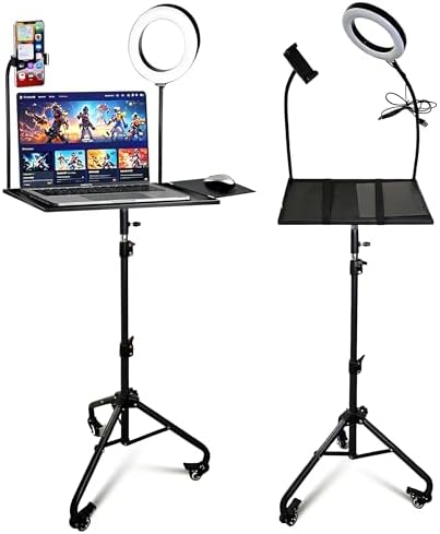 Rolling Laptop Tripod Stand with Wheels, Adjustable Height 29–55 Inch Projector Tripod Stand, Portable Laptop Floor Holder with 6" LED Ring Light and Phone Holder