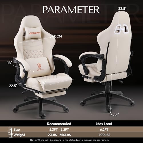 Dowinx Big & Tall Vintage Gaming Chair for Adults, 400 lb Capacity Heavy Duty Ergonomic Computer Chair with Massage Lumbar, Footrest & Easy Side Recline, Ivory Beige