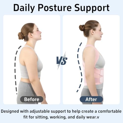 Posture Corrector for Women and Men, Adjustable Back Brace with Shoulder Support, Lumbar Support Belt and Full Back Support, Posture Trainer Back Straightener for Upper Back, Lower Back Support, Slouching and Hunchback Corrector (Pink, Large)