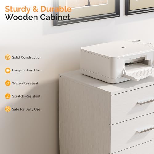 VINGLI 3 Drawer Wood Lateral File Cabinet with Adjustable Shelves & Locking Wheels, Printer Stand with Drawers for Letter Size Files, Sturdy White File Cabinets for Home Office, Study & Business