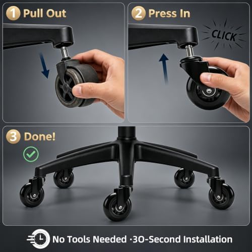 Office Chair Wheels 3 Inch, Set of 5, 880LBS Silent Casters, Black