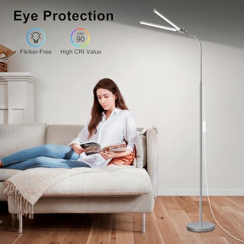 Bright Floor Lamp, 18W/2000LM Silver LED Floor Lamp with Double Head