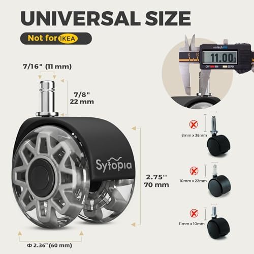 Sytopia Office Chair Wheels Replacement, 2.5 Inch Heavy Duty Casters, Set of 5, for Carpet and Hardwood Floors, Universal Size 11x22mm, Fits 99%, Grey